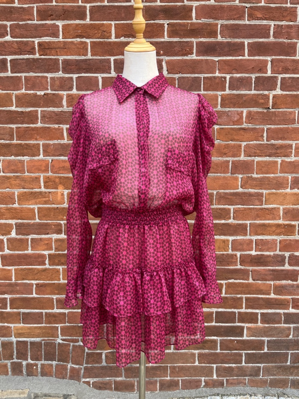 Misa Los Angeles Pink and Black Geometric Print Tiered Sheer Dress